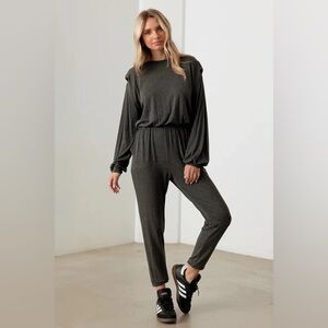 Cherish Charcoal Long-Sleeve Shoulder Pads Elastic-Waist Jumpsuit